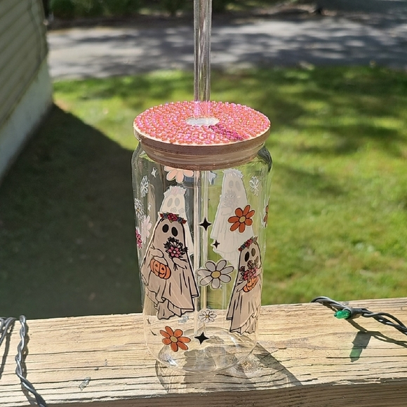 None Other - Ghost and Flower Glass Tumbler with Pink Lid